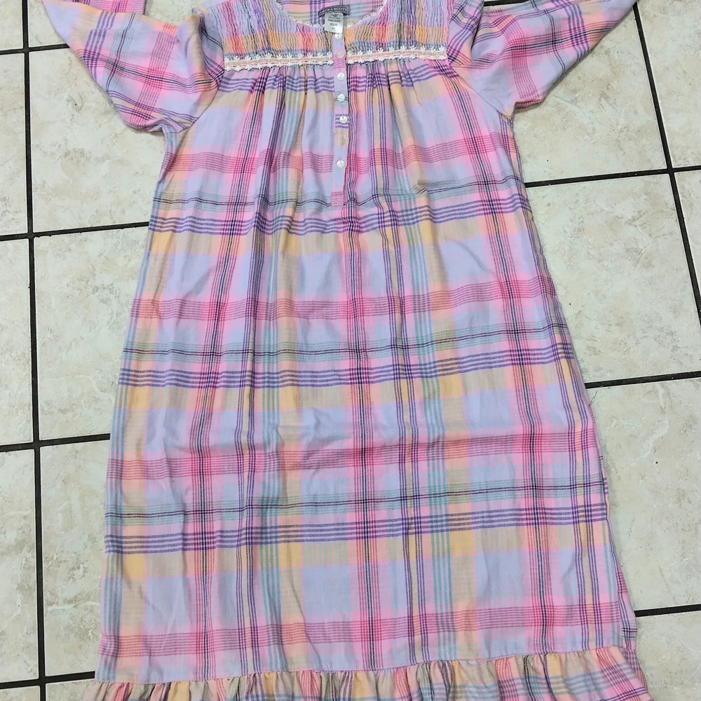Laura Scott Pink and Yellow Nightgown with Ruffle Hem Smock And Lace Flannel
